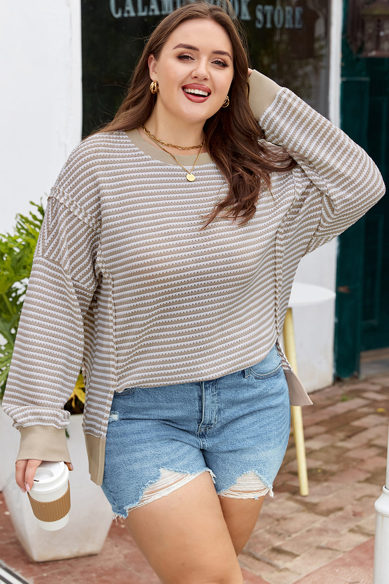 Stripe Plus Size Breathable Knit Ribbed Trim Long Sleeve Top