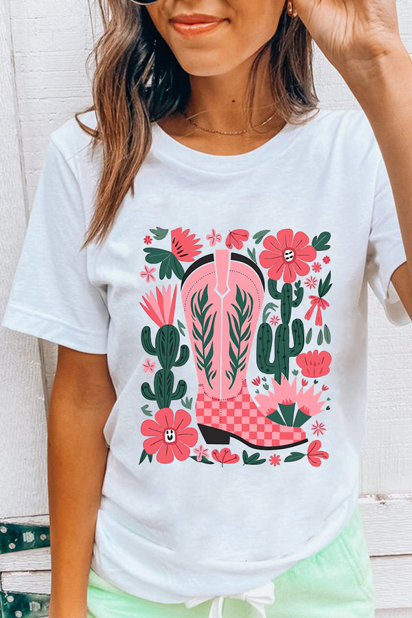 Western Boots Flower Print Round Neck T Shirt