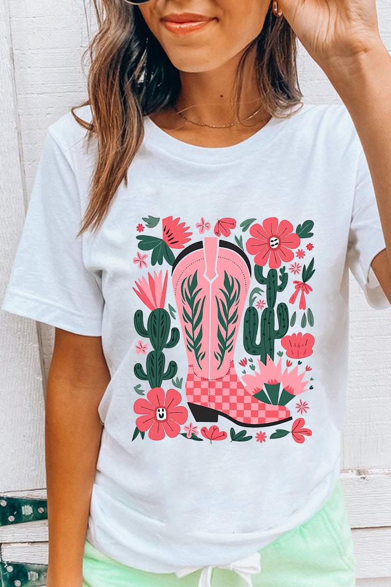 Western Boots Flower Print Round Neck T Shirt