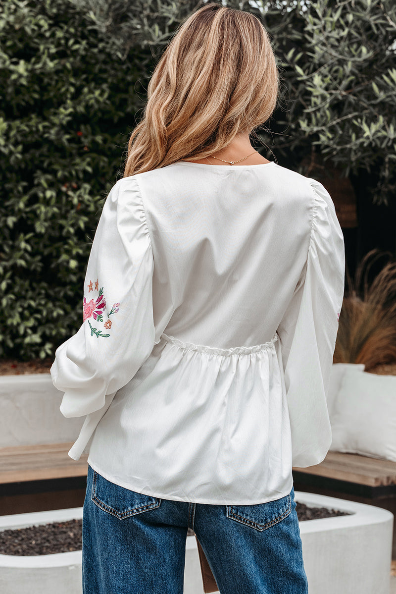 Flower Lace-up V Neck Babydoll Blouse