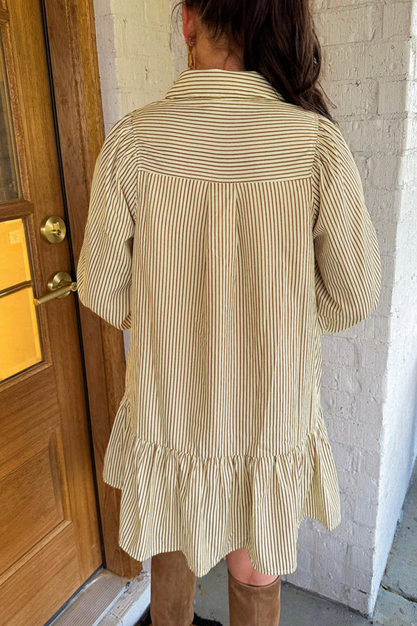 Stripe Collared Neck Cuffed Long Sleeve Drop Waist Mini Dress