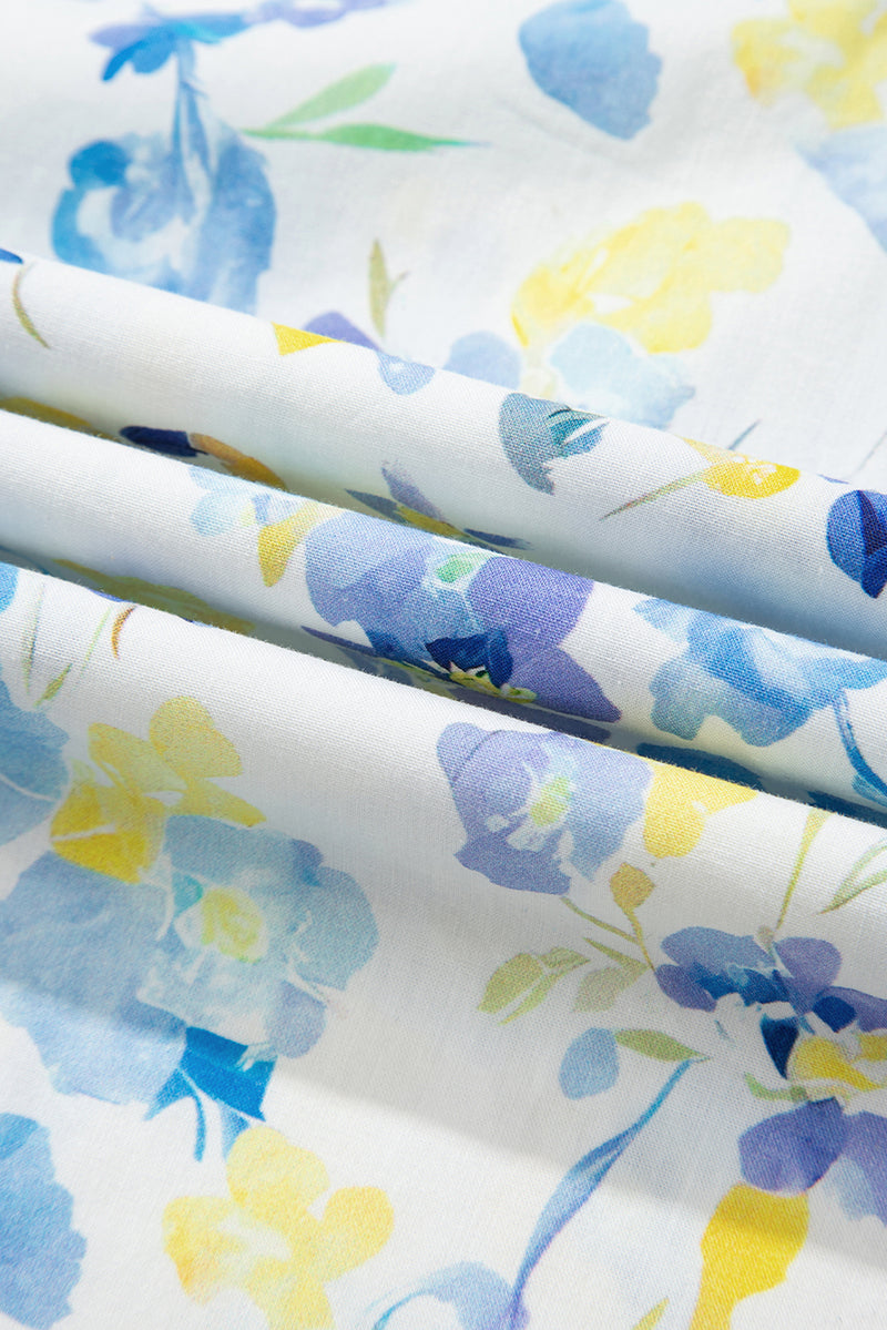 Floral Print Frilled Notched V Neck Blouse