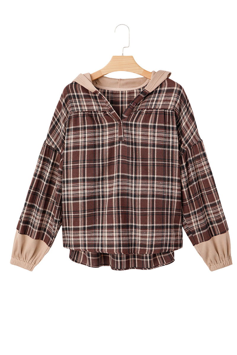 Plaid Patchwork Long Sleeve Button Hooded Blouse