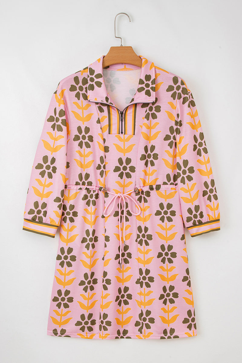 Floral Print Zip Neck Striped Patchwork Long Sleeve Drawstring Dress