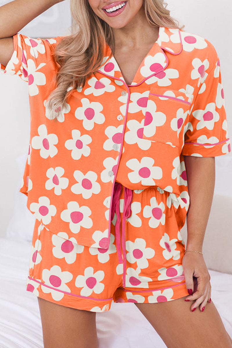 Cute Flower Print Short Sleeve Shirt Pajamas Set