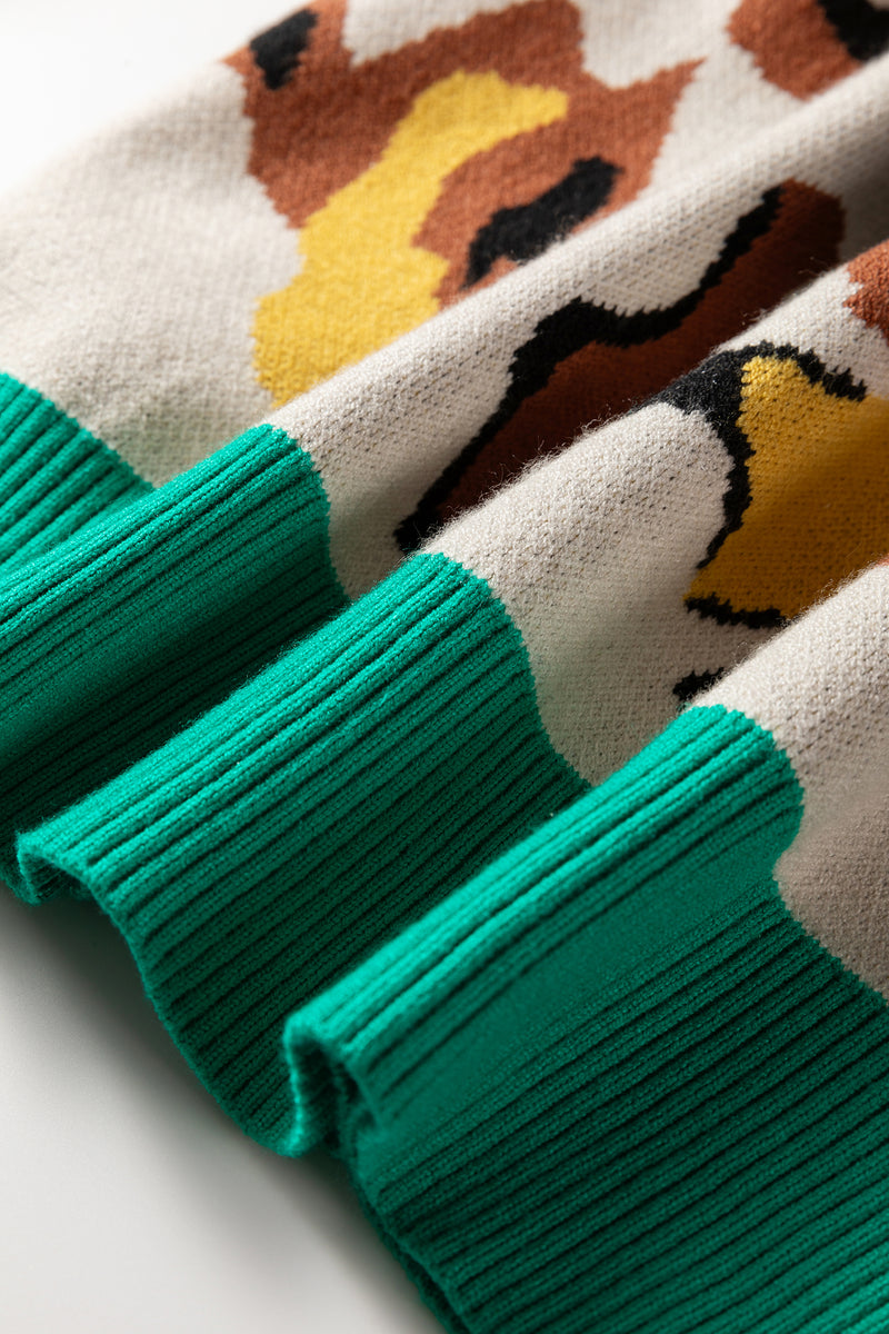 Contrast Ribbed Stripes Detail Animal Pattern Knit Sweater