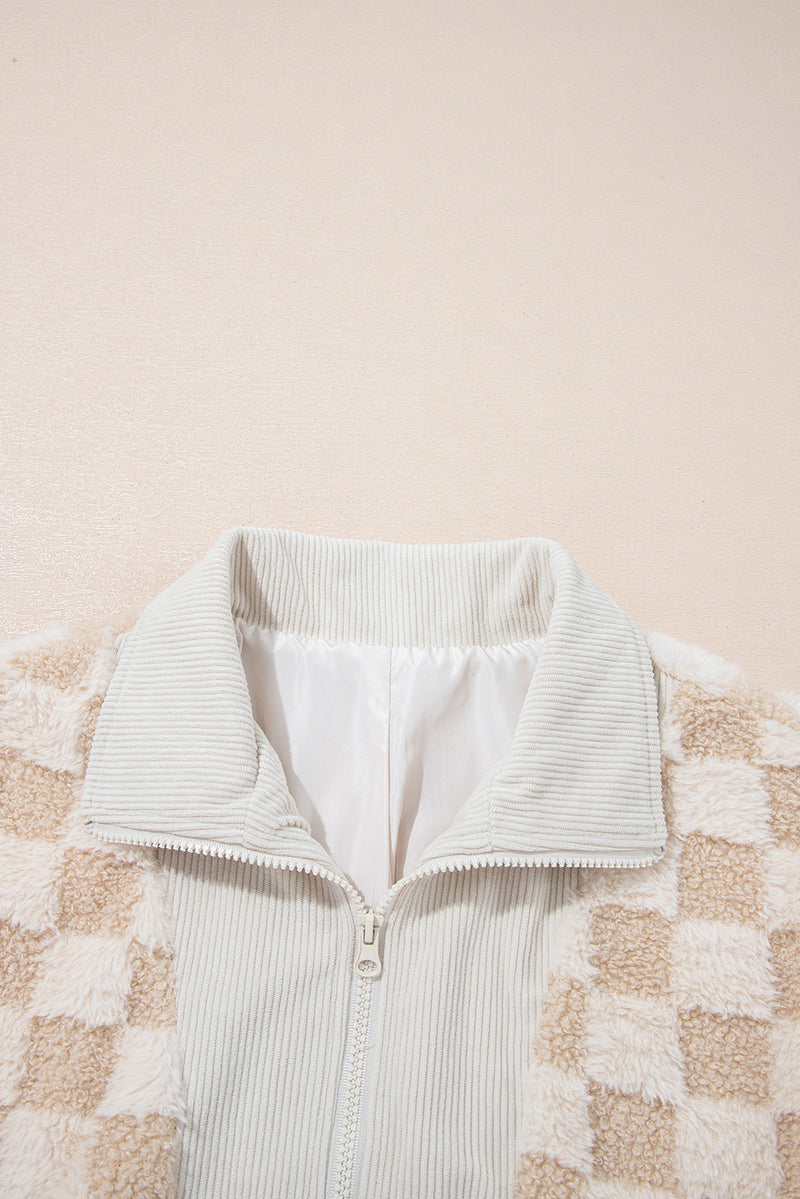 Checker Sherpa Corduroy Patchwork Zip up Collared Jacket