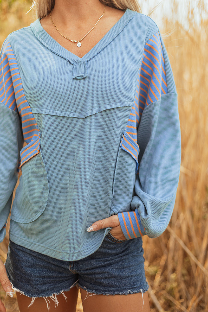 Exposed Seam Waffle Striped Patchwork Baggy Pullover
