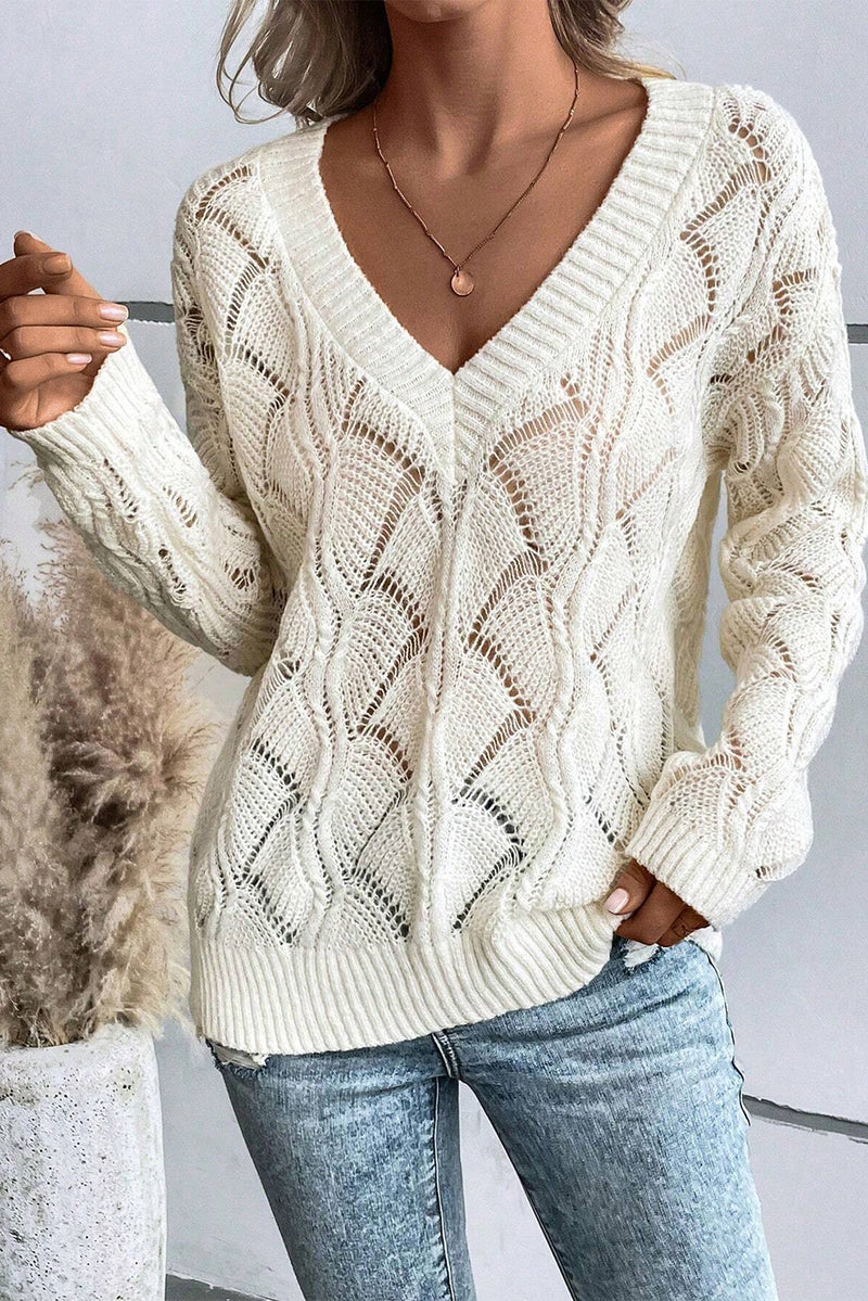Solid Hollow Out Knit V Neck Drop Shoulder Sweater