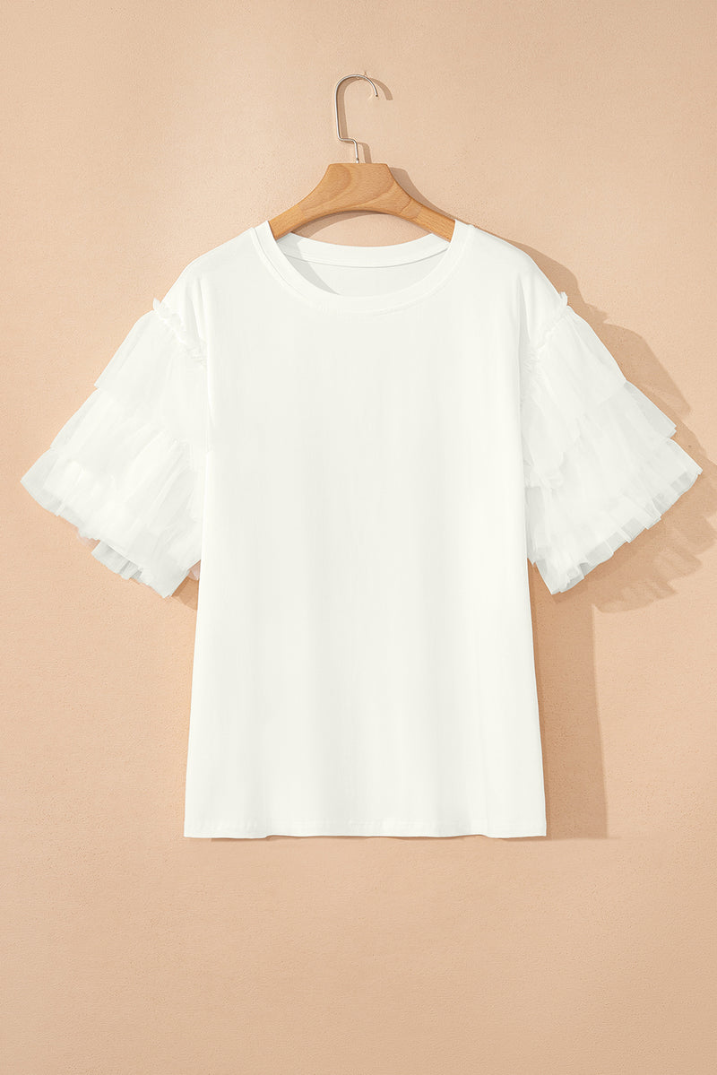 Trendy Solid Tulle Ruffle Sleeve Blouse