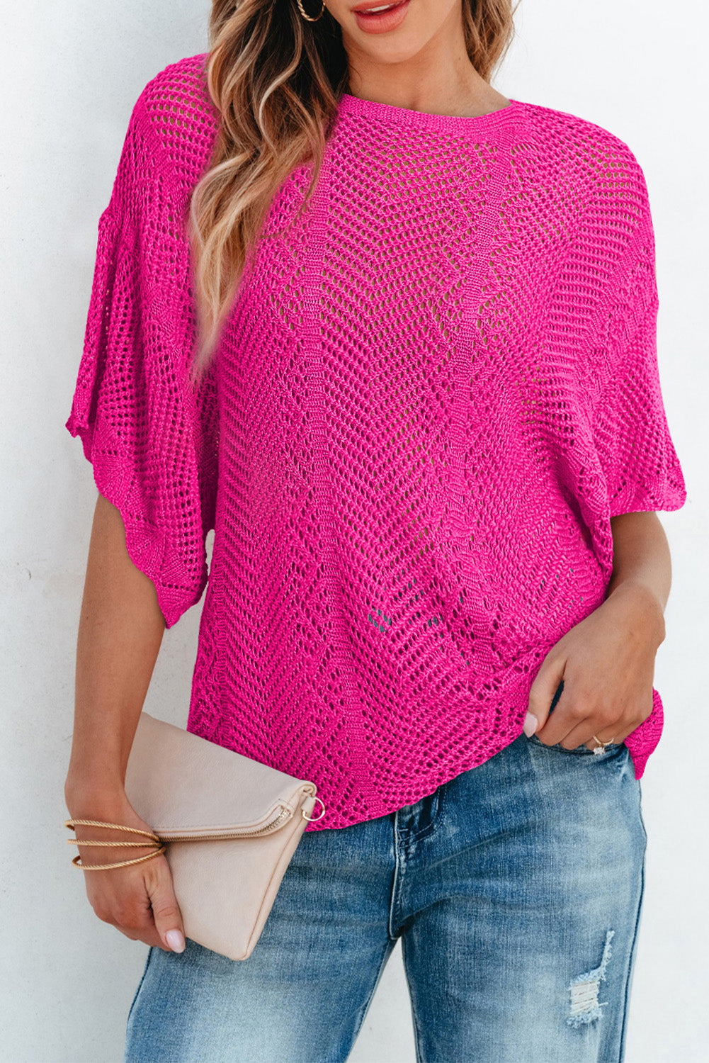 Solid Pointelle Knit Scallop Edge Short Sleeve Top