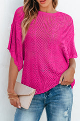 Solid Pointelle Knit Scallop Edge Short Sleeve Top