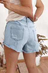 High Rise Distressed Raw Hem Denim Shorts