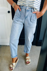High Rise Barrel Relaxed Patch Pocket Jeans