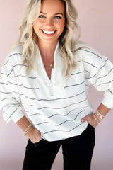 Zip V Neck Casual Stripe Print Drop Shoulder Long Sleeve Top