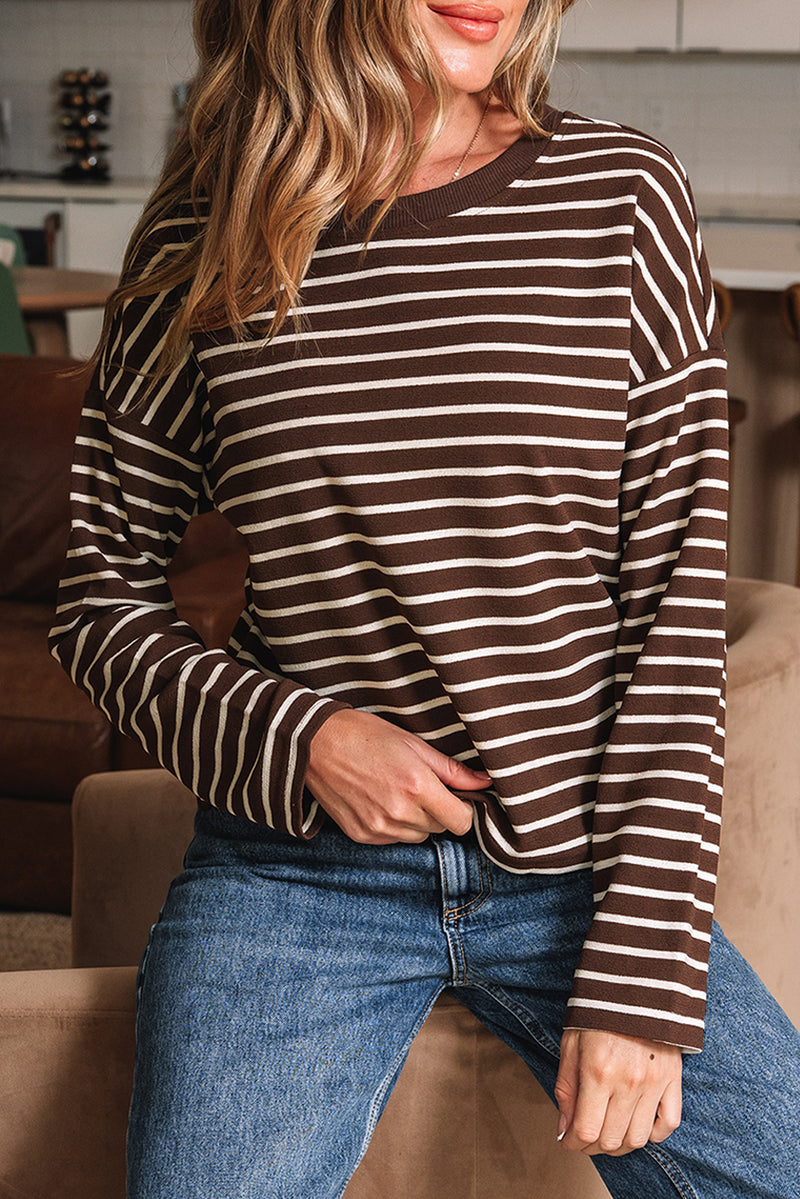 Stripe Ribbed Cropped Crew Neck Long Sleeve T Shirt