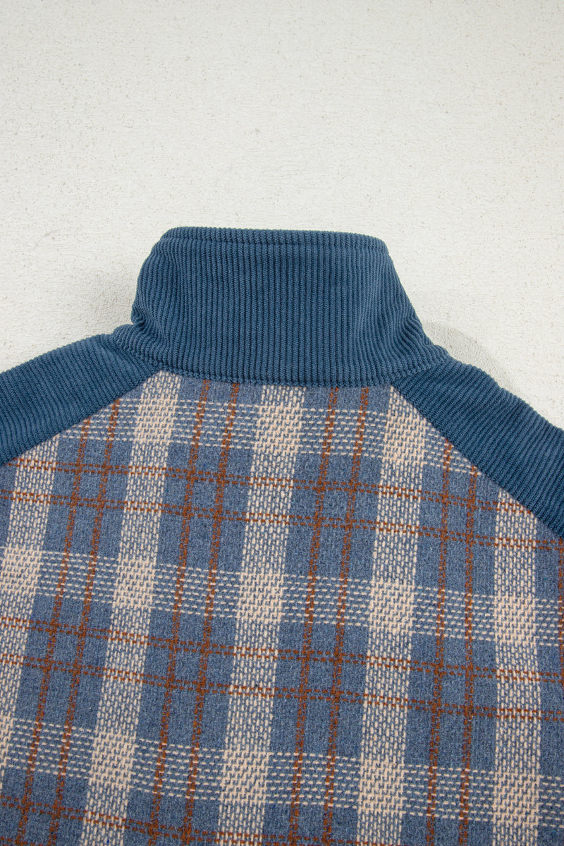 Plaid Corduroy Patchwork Collared Zip Up Snap Button Jacket