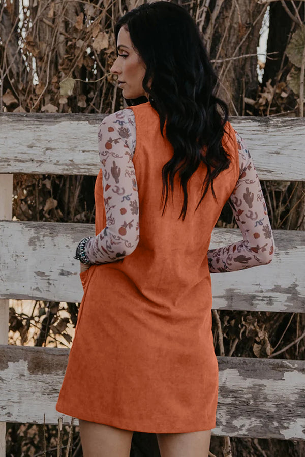 Corduroy Western Embroidered Patched Pocket Shift Sleeveless Mini Dress