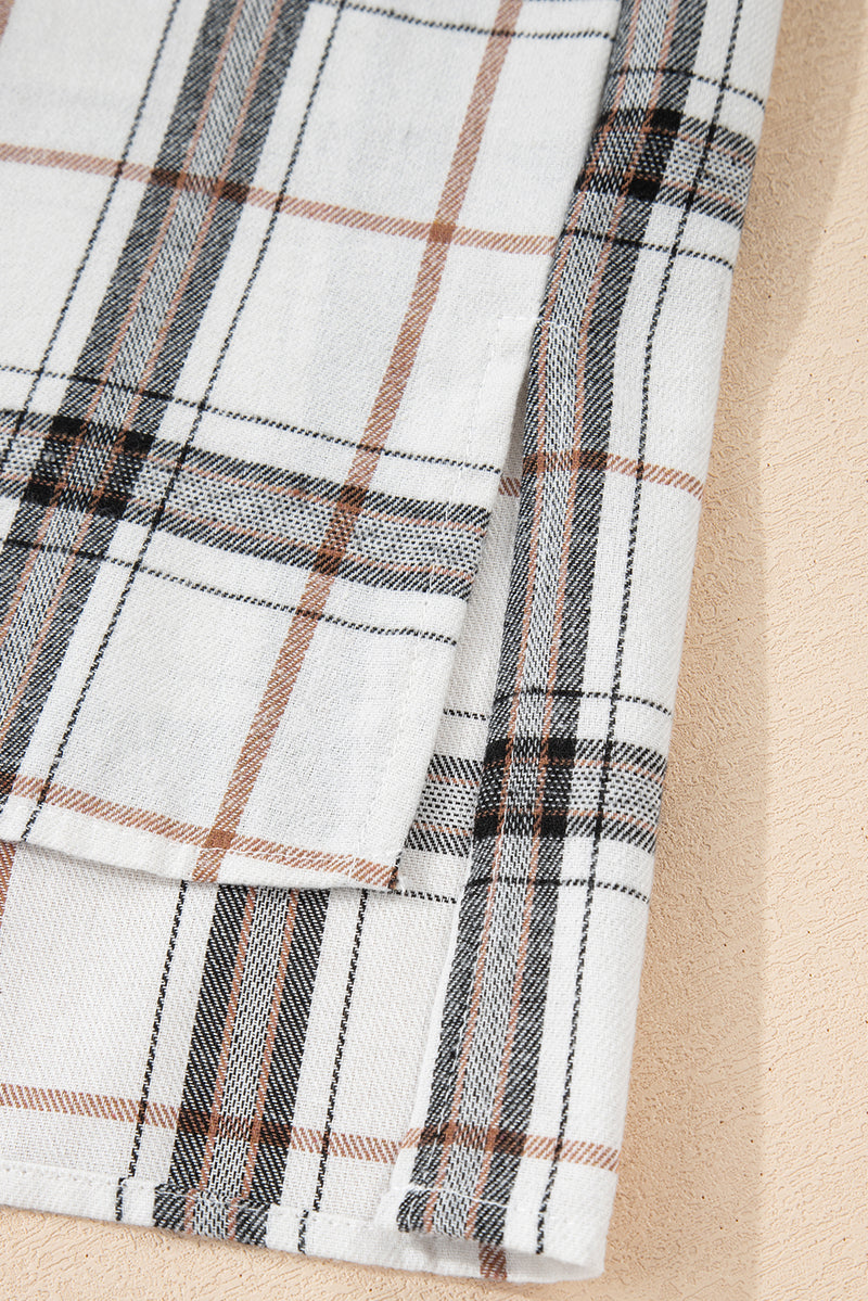 Plaid Print Collared V Neck Loose Blouse with Side Slits