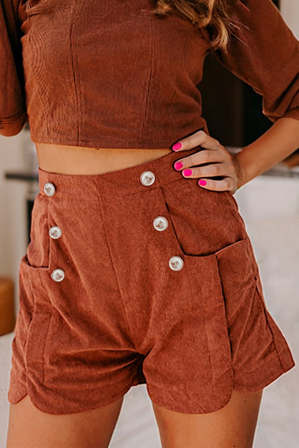 Button Decor Scalloped Edge High Waist Corduroy Shorts