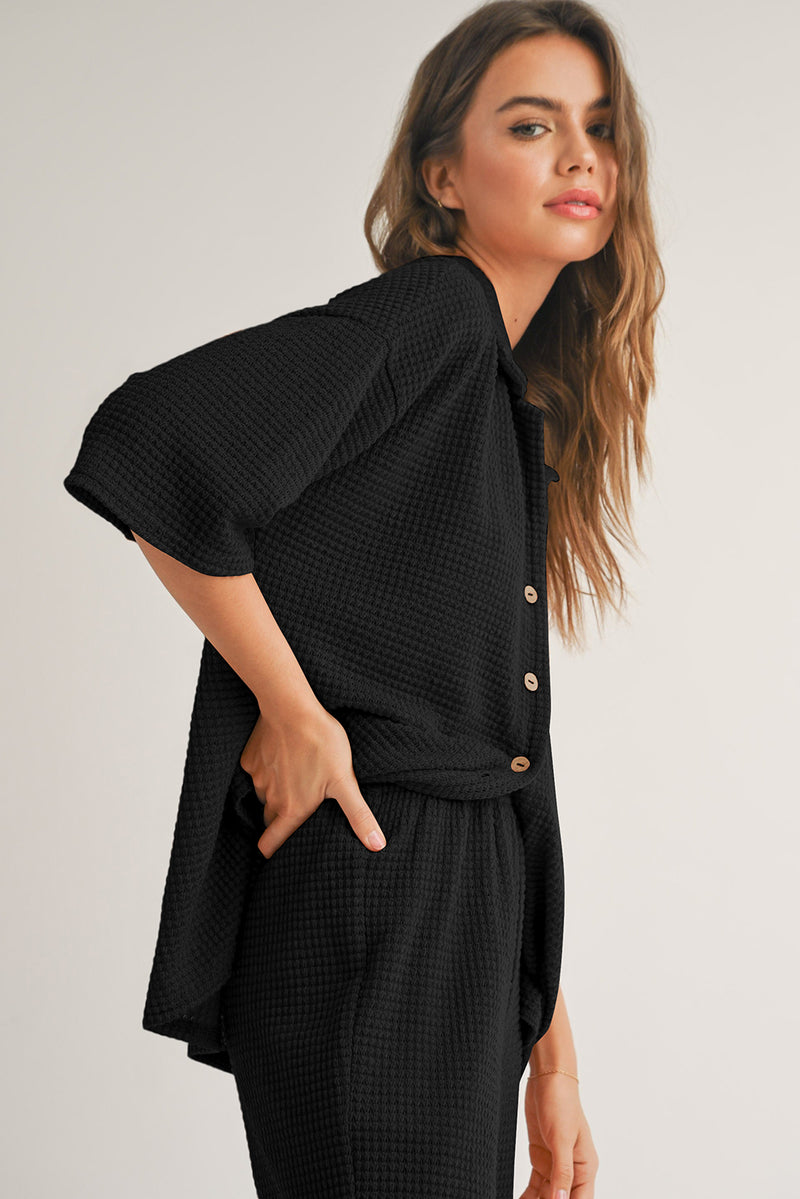 Textured Buttoned Shirt and Casual Pants Set