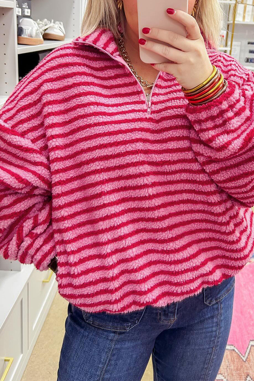 Stripe Quarter Zip Fleece Oversize Sweatshirt