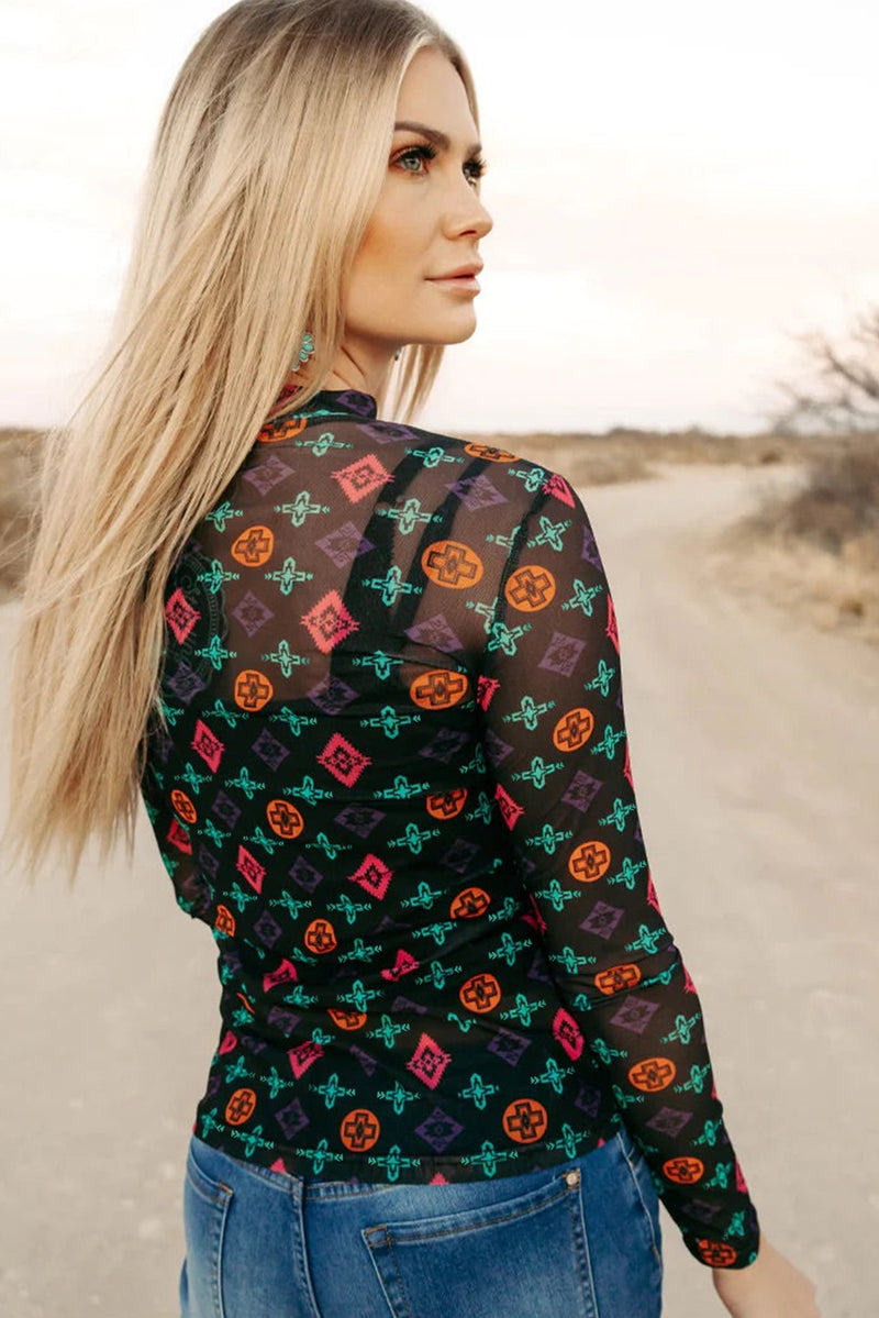 Western Aztec Printed Long Sleeve Mesh Top