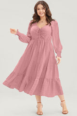 Solid Lace-up Ruched Front Long Sleeve Ruffle Hem Plus Size Midi Dress