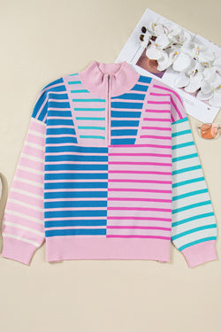 Stripe Colorblock Patchwork Plus Size Half Zip Sweater
