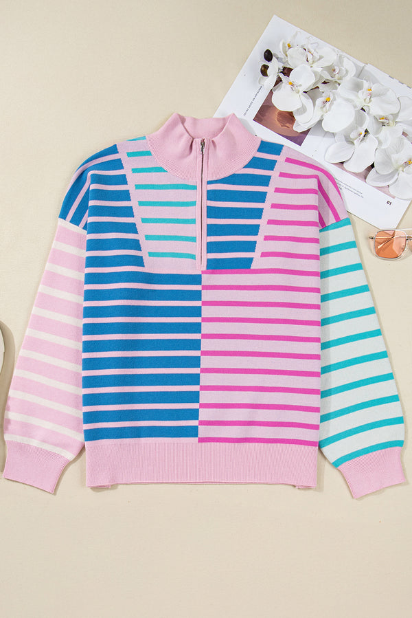 Stripe Colorblock Patchwork Plus Size Half Zip Sweater