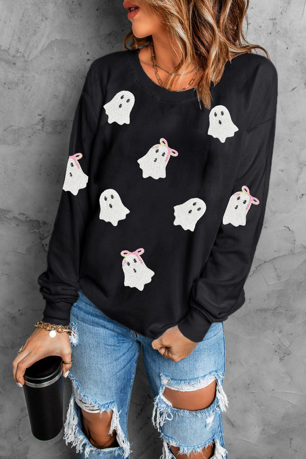 Sequin Cute Bow Ghost Graphic Crew Neck Halloween Sweatshirt