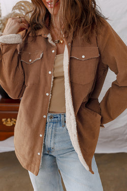 Fleece Lined Buttoned Flap Pockets Corduroy Jacket