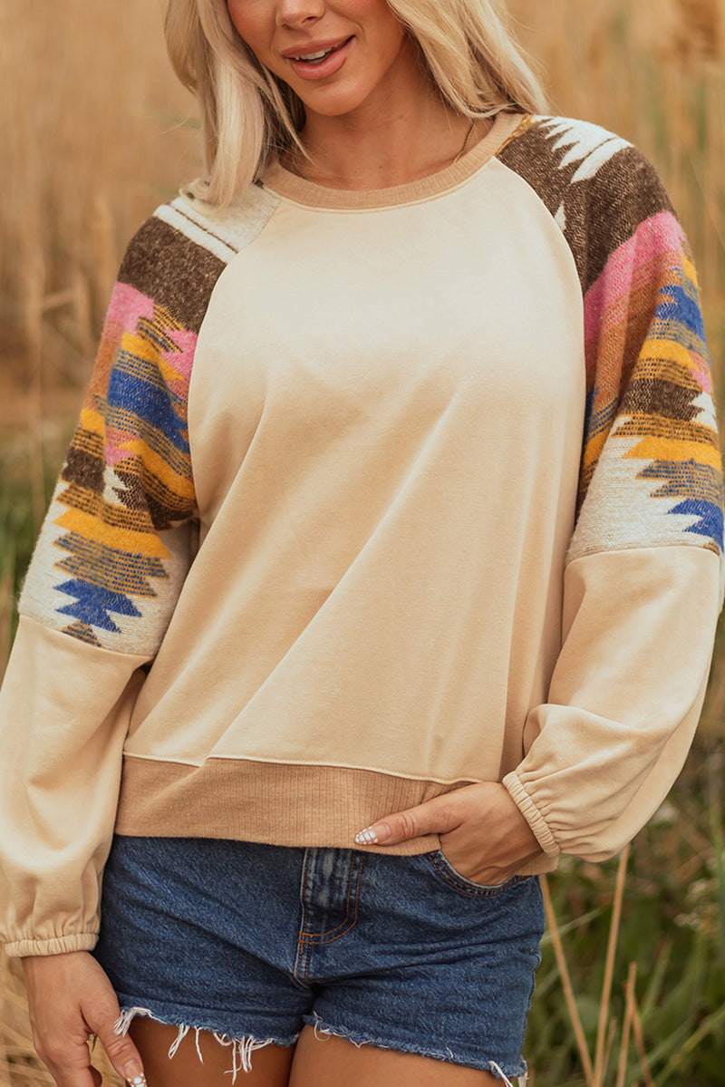 Light French Aztec Patchwork Raglan Pullover Sweatshirt