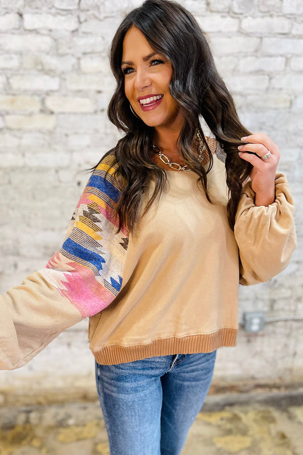 Light French Aztec Patchwork Raglan Pullover Sweatshirt