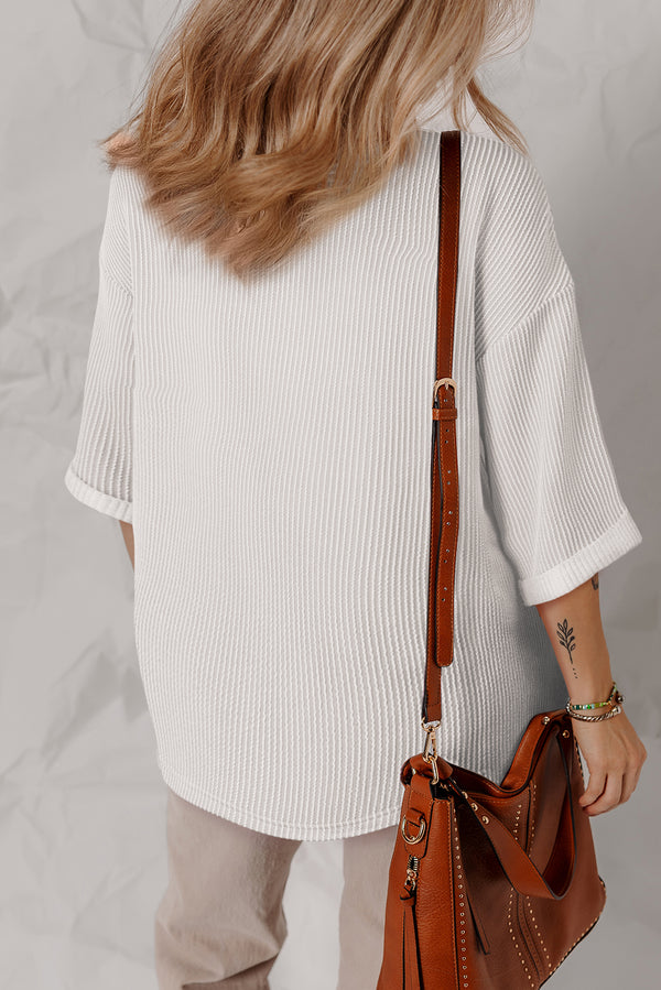 Solid Color Corded Drop Shoulder 3/4 Sleeve V Neck Top