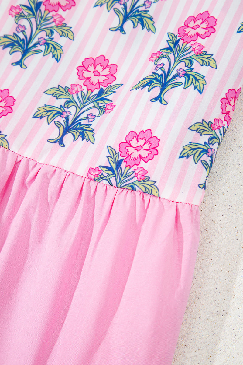 Floral Striped Print Contrast Patchwork Ruffle Hem Blouse