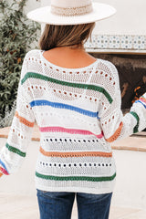 Color Block Striped Pointelle Knit Sweater