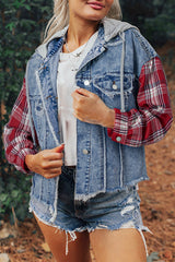 Trucker Plaid Print Patchwork Hooded Raw Hem Denim Jacket