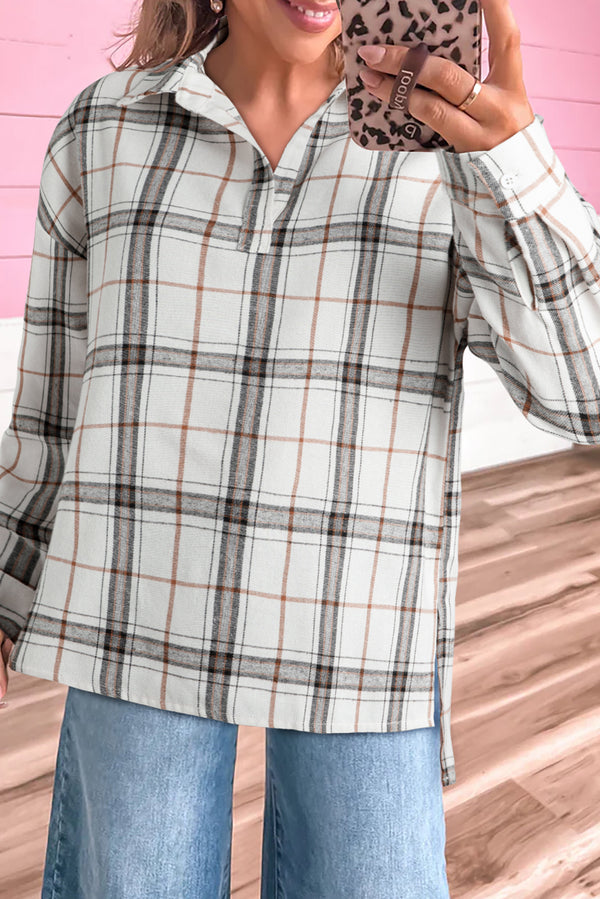 Plaid Print Collared V Neck Loose Blouse with Side Slits