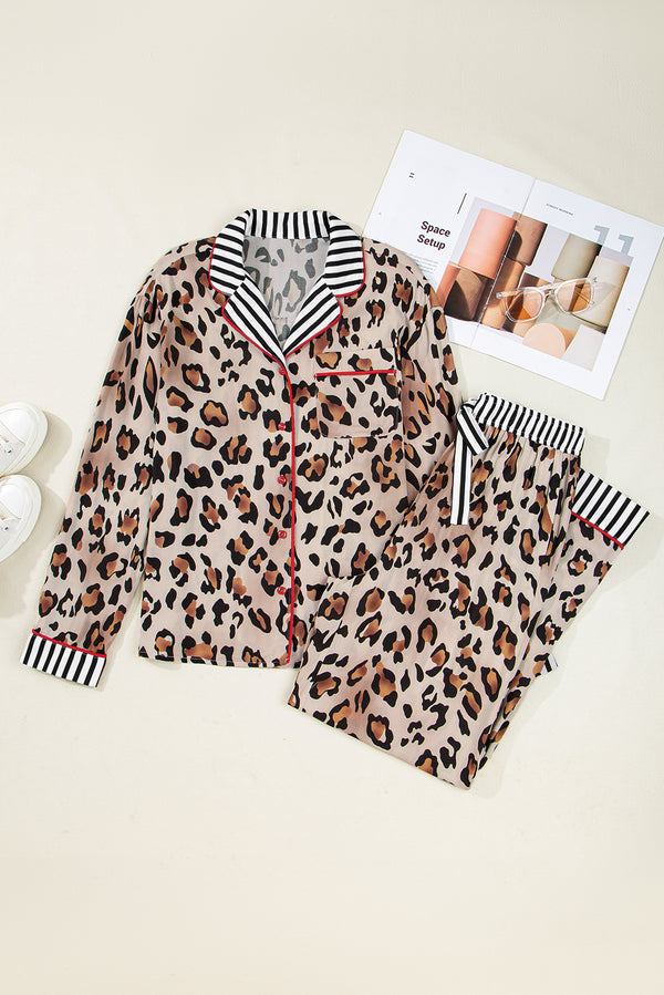 Leopard Print Colorblock Striped Edge Shirt and Pants Pajama Set