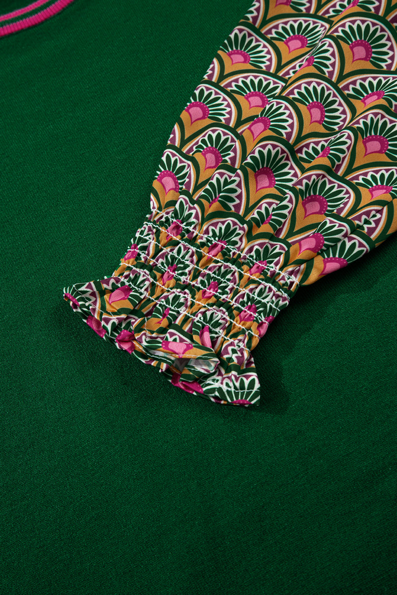 Moss Green Floral Patchwork Shirred Cuff Puff Sleeve Sweater