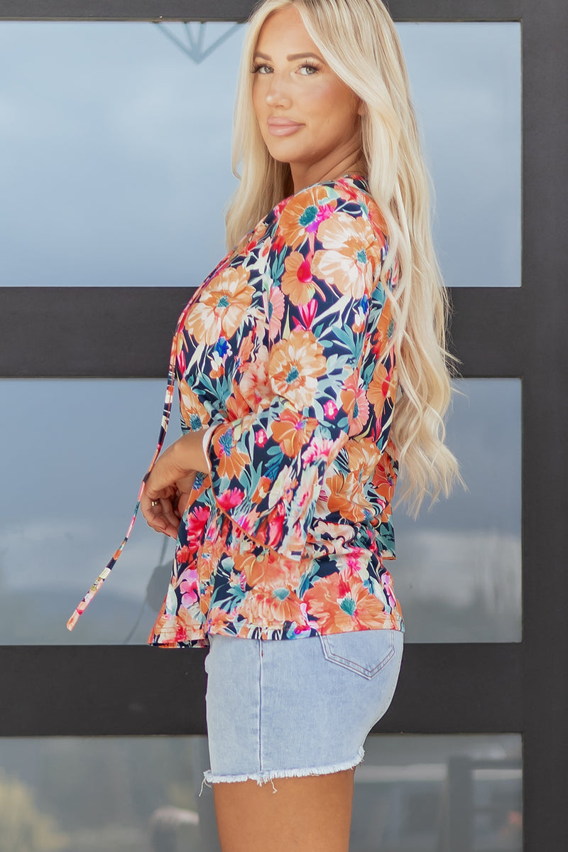 Floral 3/4 Flare Sleeve Tied V Neck Blouse