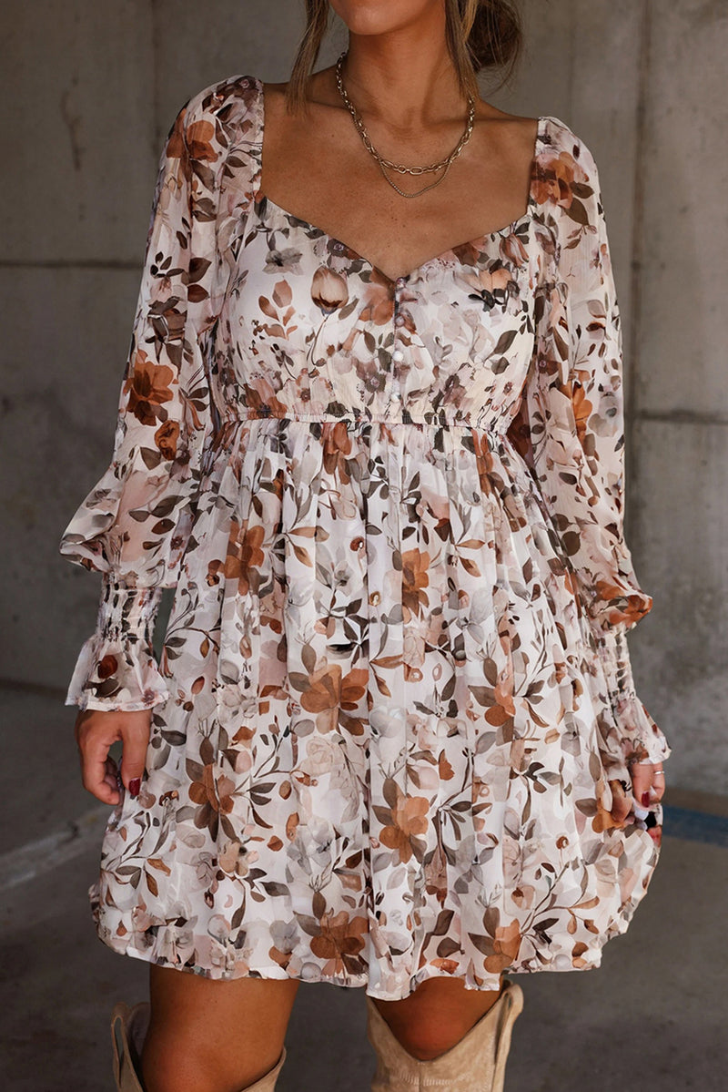 Floral Print Sweetheart Neck Long Sleeve High Waist Mini Dress