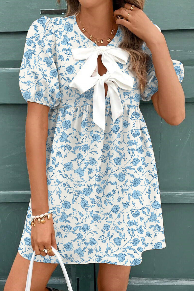 Floral Contrast Bow Puff Sleeve Mini Dress