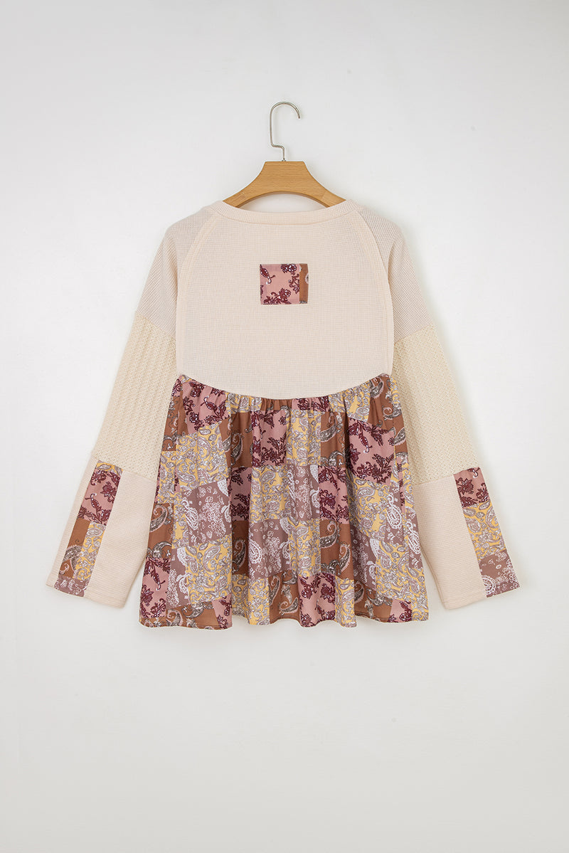 Paisley Ethnic Print Contrast Patchwork Long Sleeve Loose Top