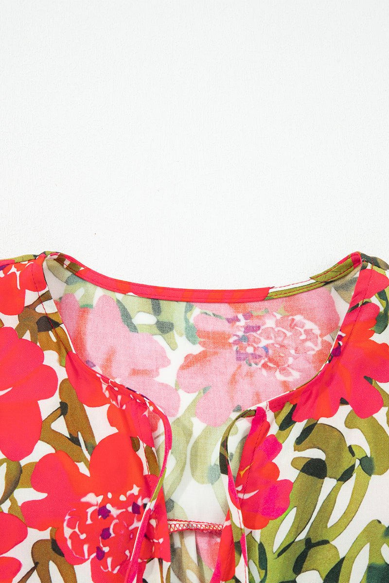 Floral Print Lace up V Neck Flounce Sleeve Blouse