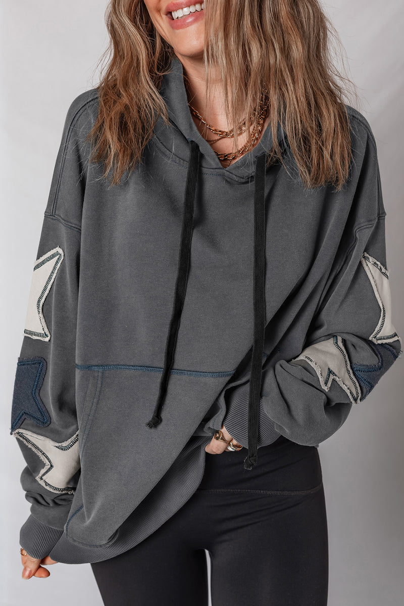 Star Patchwork Contrast Stitching Mineral Wash Kangaroo Pocket Vintage Hoodie