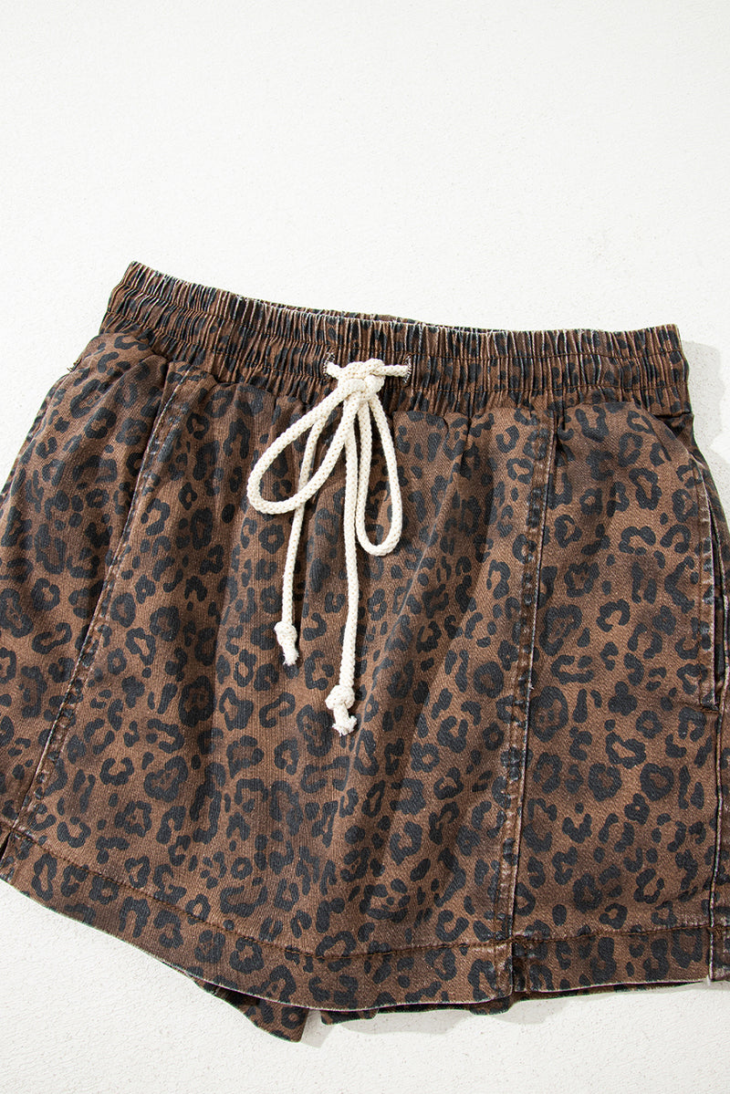 Leopard Print Elastic Waist Drawstring Denim Skort