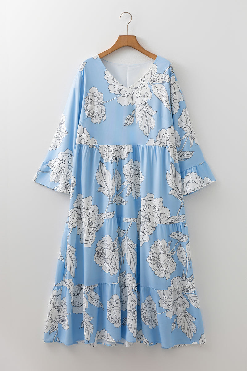Floral Bracelet Sleeve V Neck Plus Size Tiered Maxi Dress