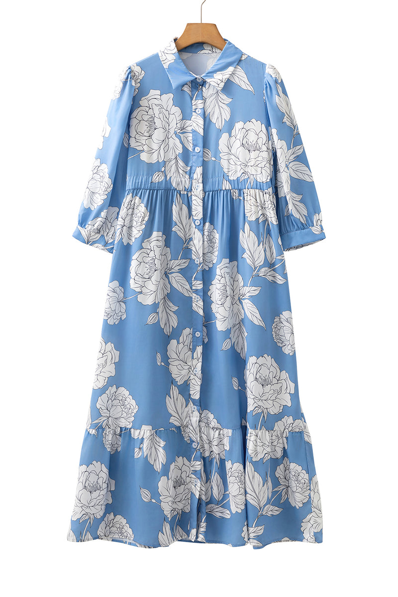 Floral Print Shirt Collar Button Down 3/4 Sleeve Ruffle Hem Long Dress
